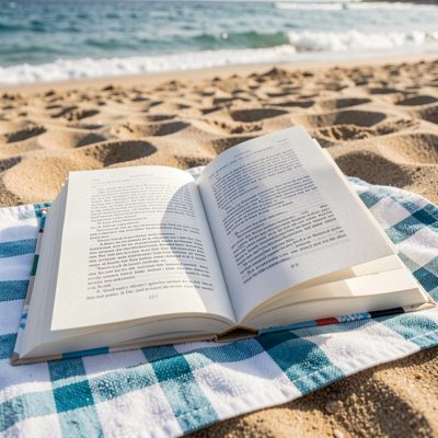 a paperback splayed open on a beach towel