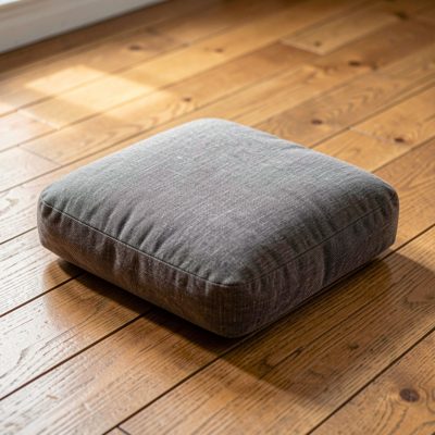 a meditation cushion on a wooden floor