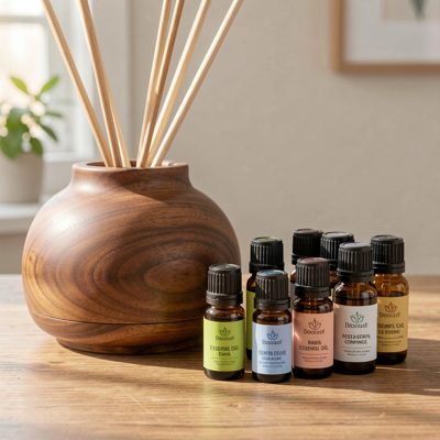 a set of essential oils beside a diffuser